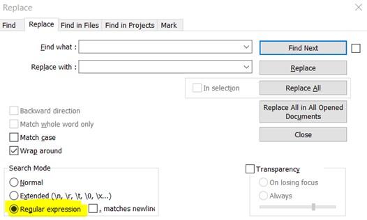 Funkce 'Nahradit' v Notepad++ Funkce 'Nahradit' v Notepad++